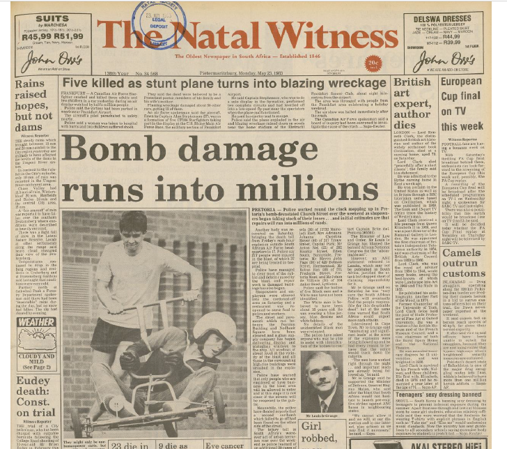 SA Air Force operation, 20 May 1983, Bomb damage runs into millions, Natal Witness, 23 May 1983